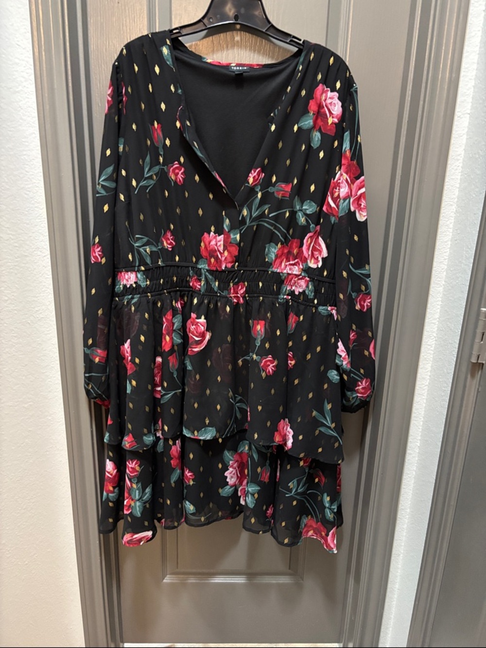 torrid Black Floral Tiered V-Neck Dress with Gold Accents